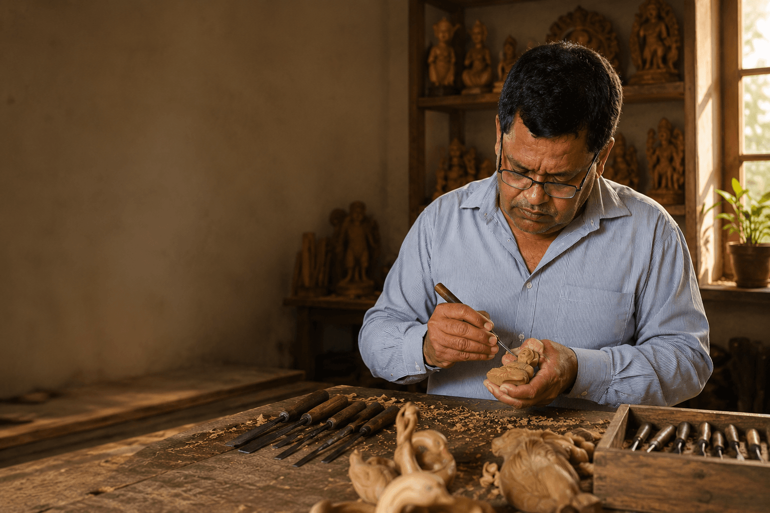 Damodar at work amid tools and wood in the workshop
