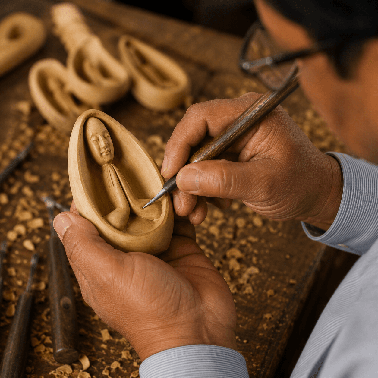 Close-up of Damodar's hands shaping the wood